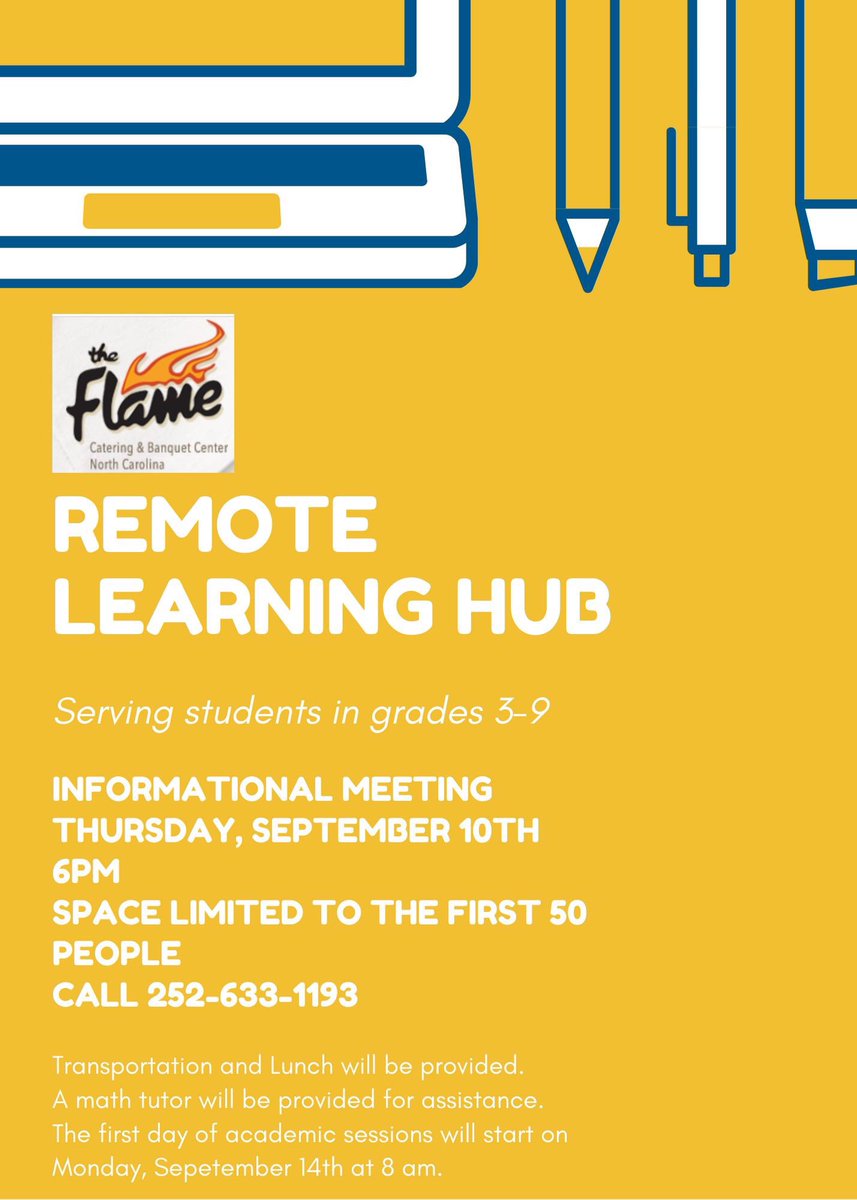 CravenCoSchools's tweet photo. We appreciate our community partners assisting our students during remote learning. @FlameCatering will be starting their remote learning hub next week. Parents are encouraged to attend the informational meeting this Thurs. call to reserve your spot. #CCSTogether https://t.co/9UVfaYqlgZ