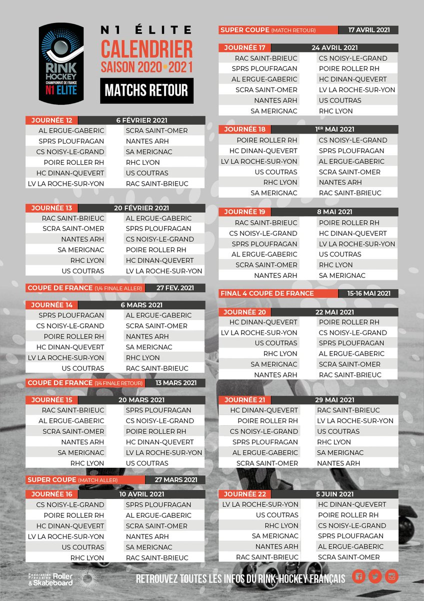 🔥 Calendrier 2020-2021 - N1 Elite 🏑🥅
👉 Le calendrier N1 Elite pour la saison 2020-2021 est sorti !
🏁 Début du championnat le samedi 26 Septembre 2020 !
