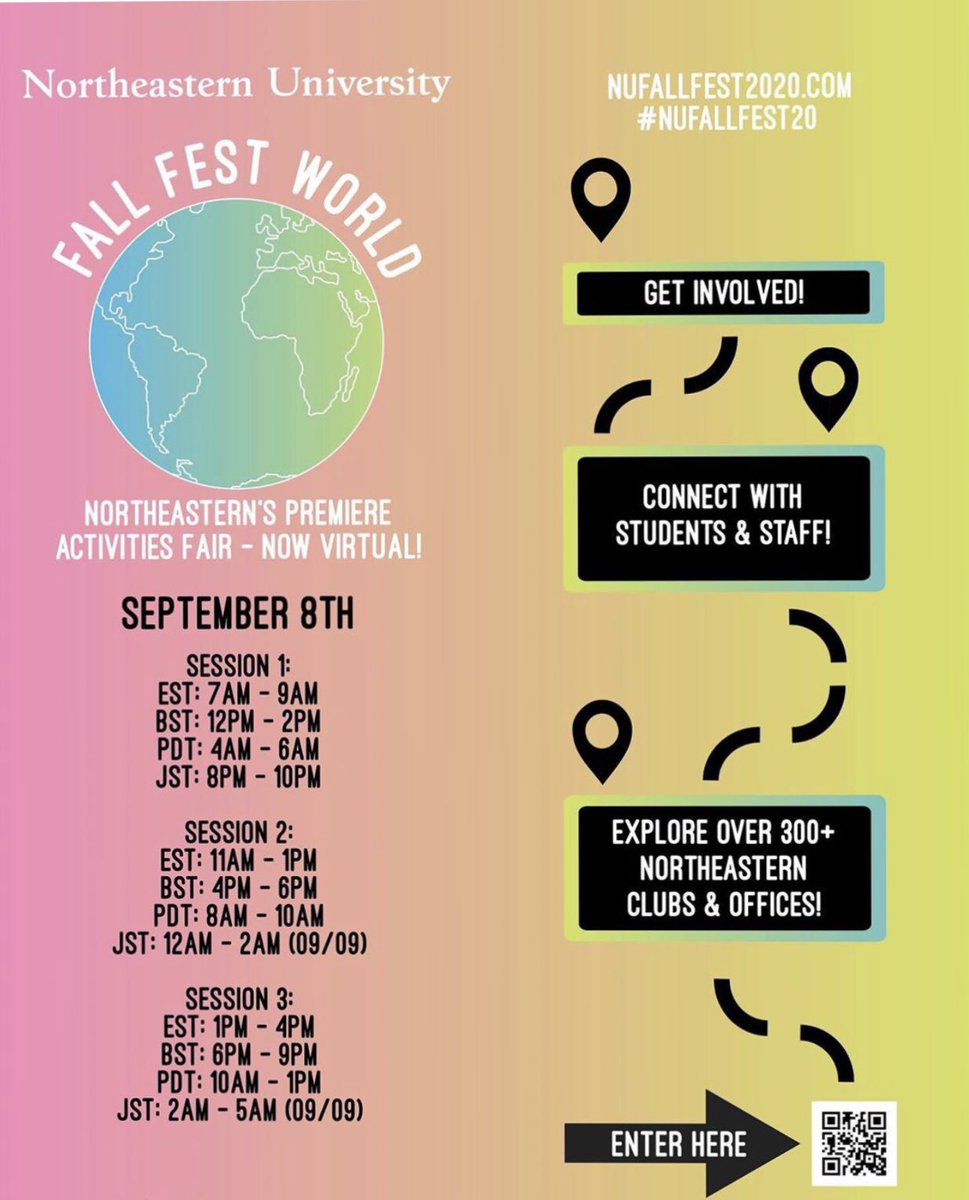 NUStudentLife's tweet photo. Fall Fest is going virtual! Tune in tomorrow to a virtual session at your preferred time to learn about some of the amazing student organizations and offices that Northeastern has to offer! Swipe through to find the QR code to join tomorrow during any of the sessions. https://t.co/EbFHFF7cKq