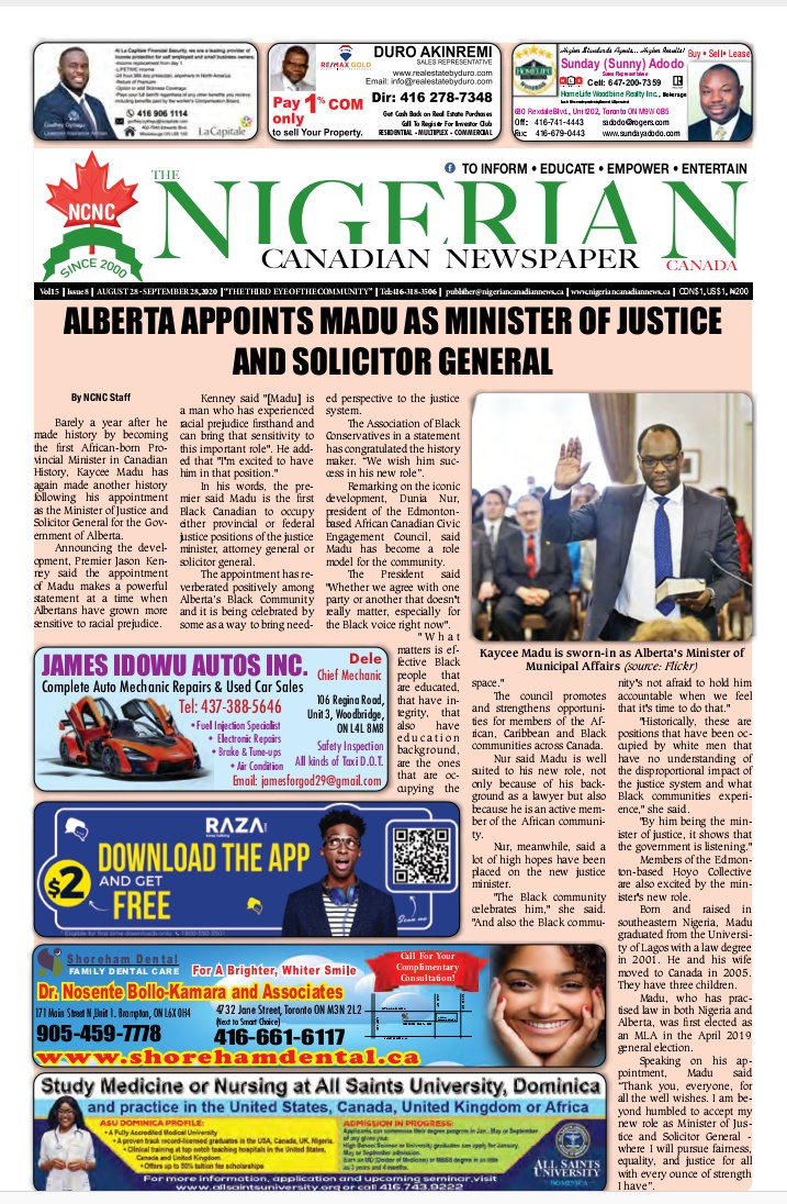 StanleyUgagbe's tweet photo. #NewestEdition
The appointment of @KayceeMaduYEG, a #Nigerian, reverberated positively among Albertans in Canada. 
#StanleyUgagbe behind the story. Catch the report via https://t.co/6iEhmJmvld https://t.co/zZJzkGTX7c