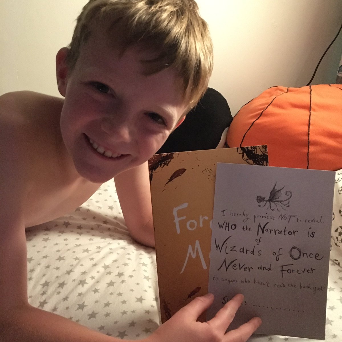 Turton584's tweet photo. @CressidaCowell Very happy boy this bedtime as we get to start reading the final instalment of Wizards of Once: Never sand Forever 😁😁 https://t.co/zPTZd12NTA