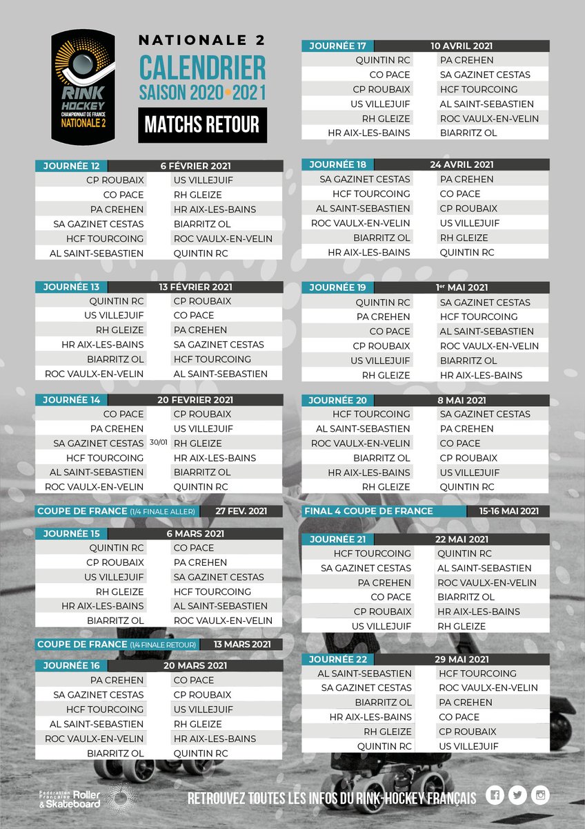 🔥 Calendrier 2020-2021 - N2 🏑🥅
👉 Le calendrier N2 pour la saison 2020-2021 est sorti !
🏁 Début du championnat le samedi 26 Septembre 2020 !
