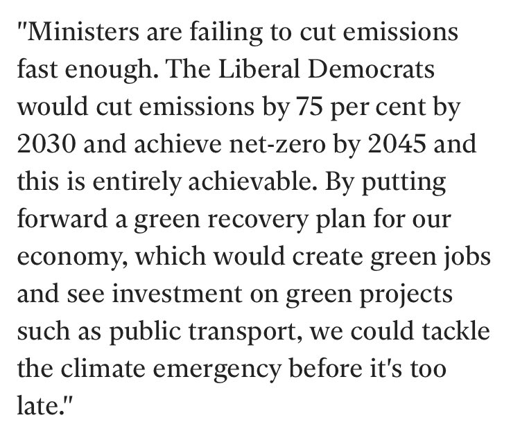 Good quote from  @sarahjolney1 here. An observation, if I may: The Lib Dems’ more ambitious climate targets are indeed ‘entirely achievable’, but would require swingeing cuts in motor traffic, effective immediately. Car drivers, esp in cities, must face major new restrictions. 1/  https://twitter.com/crisortunity/status/1303034993904672771