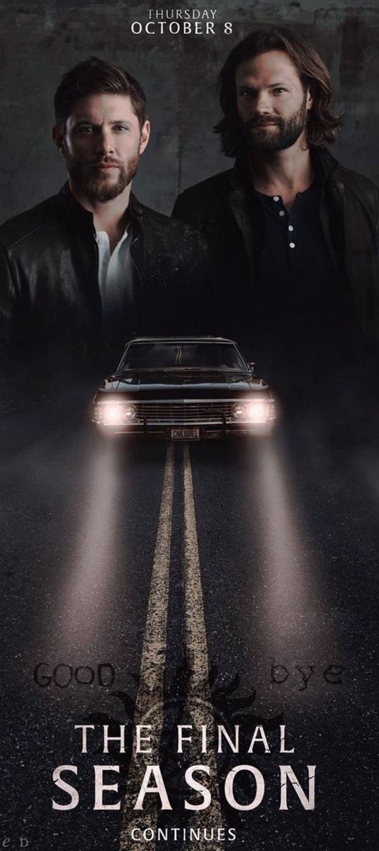 KaiKatz's tweet photo. #Supernatural #SPNFamily @cw_spn #spn #15yearsofsamanddean #15yearsofJaredAndJensen #thankyoucwspn @JasonFischer77
@jarpad
@JensenAckles

The tears are here....

The end of the road....

Thank you for 15 years of brotherly love. 

Edit of Deanlocked's art https://t.co/SsFoUDRl5R