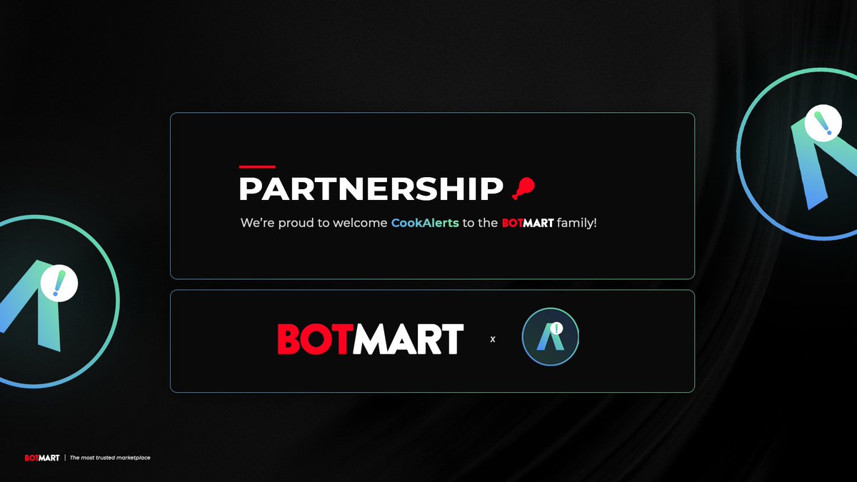 botmrt's tweet photo. We are proud to welcome @cookalerts to the Bot Mart family!

Safely buy and sell @cookalerts anytime: https://t.co/Lky5eBey0m

We’re celebrating with a giveaway!
1x $100 @botmrt MM Credit
3x @botmrt Coupon Codes
3x @cookalerts Memberships!

Like, Retweet and Follow to enter! https://t.co/apbdHmhlnw