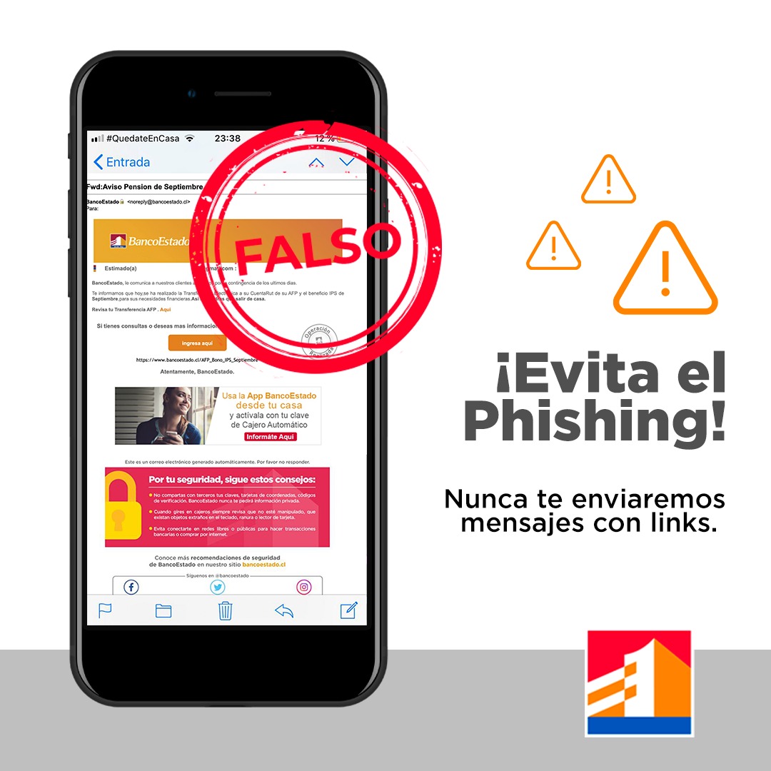 Está circulando este correo fraudulento 👆📬 Recuerda, BancoEstado NUNCA te enviará mensajes con links, cualquiera sea el medio. Si recibes uno, es una estafa ❎ Bórralo y reporta al remitente. Así protegerás tus cuentas y las de los demás #QueATiNoTePase