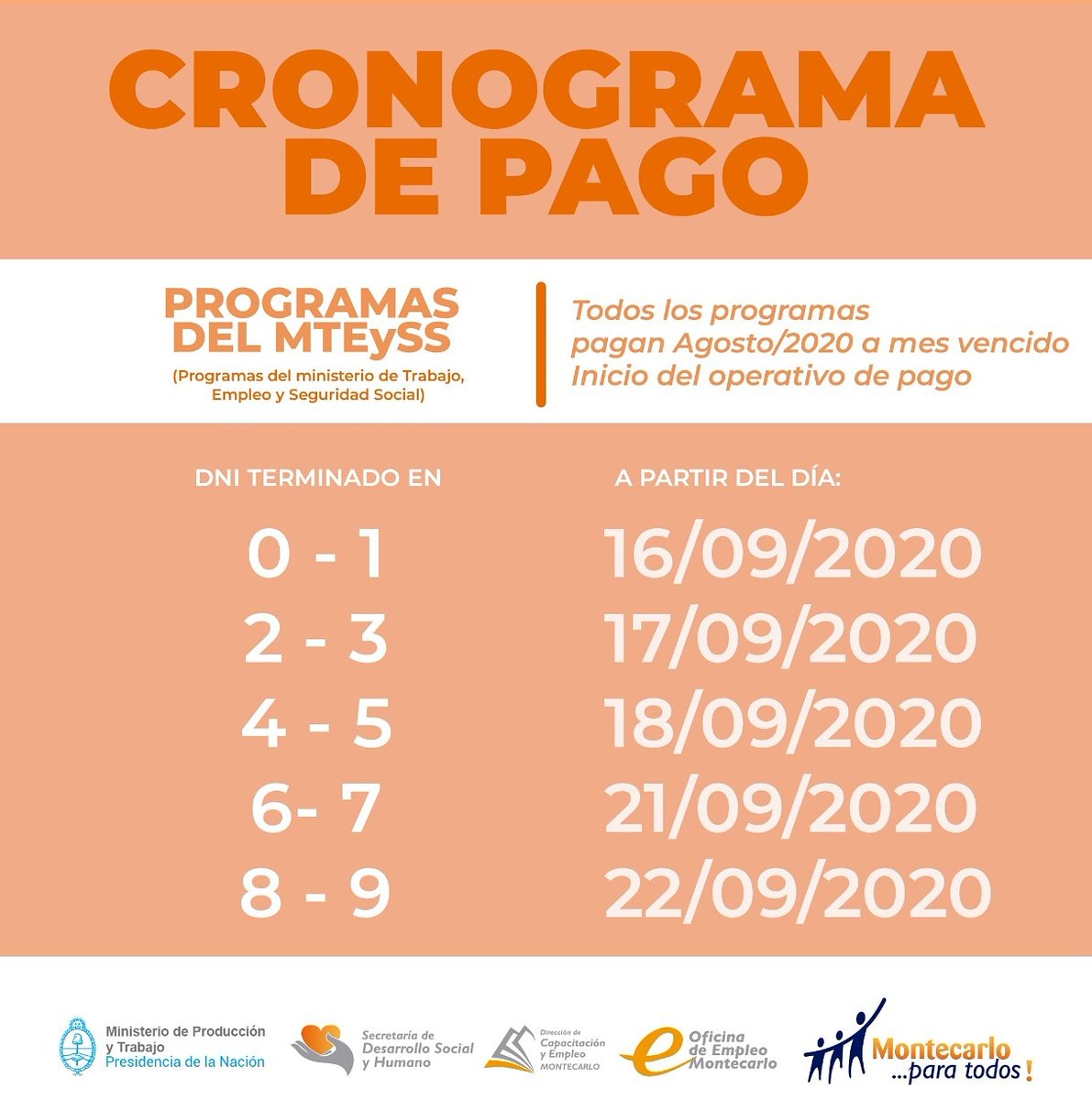 OficinadeEmple2's tweet photo. ⚠️ Información importante!

CRONOGRAMA DE PAGOS 

📌 Liquidación septiembre 2020

#OficinaDeEmpleoMontecarlo
#MunicipalidadDeMontecarlo
#MinisteriodeTrabajoEmpleo https://t.co/6NvAVeCa9y