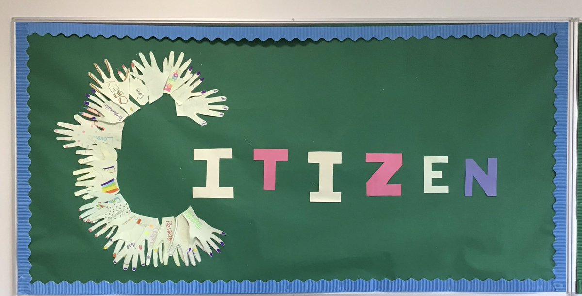 MissPBusEd1's tweet photo. My learning for life class have been learning a bit about the meaning of citizenship and they chose important words that represent being a good citizen.We cut out their hand drawings and made this display - more will be added as we learn. #GoodCitizens #BHS #LifeLongLearning https://t.co/ZOnfgRc7s2