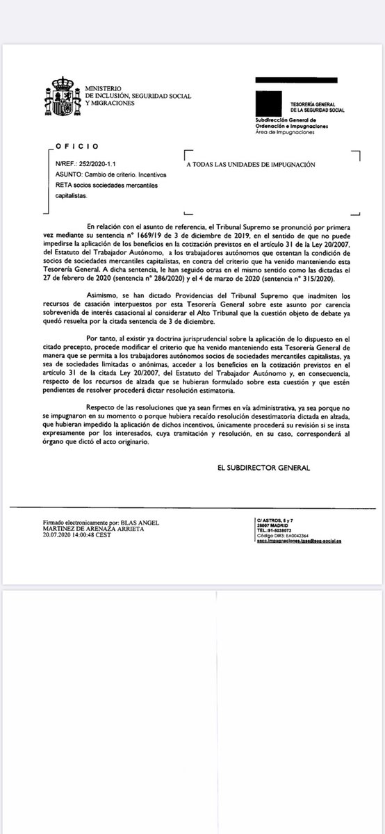 Teníamos razón y nos la han dado
Noticia importante para autónomos societarios!
La Seguridad Social cambia de criterio tras tres sentencias del Tribunal Supremo y permitirá a los autónomos societarios acogerse a la tarifa plana
A quienes se les denegó deben instar a su revision