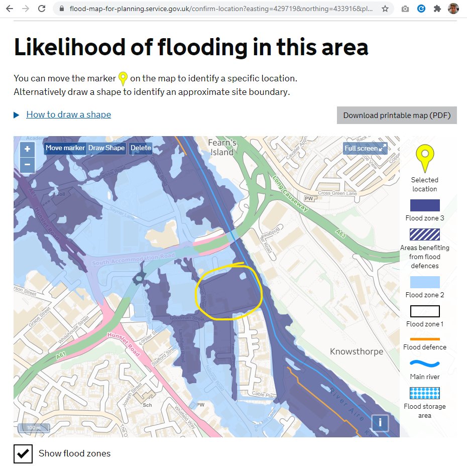 It's a really tough site. It's downstream on the Aire, a site at very high flood risk, it's on industrial land not really close enough to the city centre to walk and the tram that was meant to go nearby has been cancelled more times than Toby Young -- which makes land value hard.