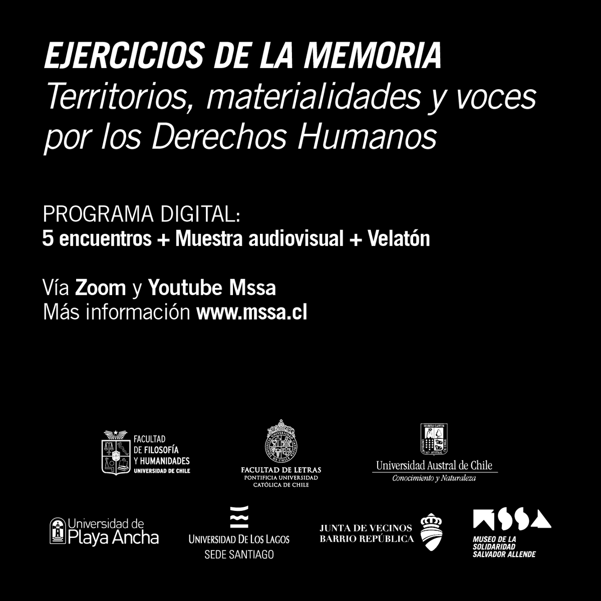 mssachile's tweet photo. Ya está disponible el programa de encuentros virtuales y cartelera audiovisual que puedes empezar a ver hoy gratis  #EjerciciosdelaMemoria2020 del #MSSAChile 
https://t.co/NXv6AgKVqO @Republicaapc @jjvvRepublica @museomuseo @panoramasgratis @CulturaBP @egaccultura https://t.co/OWMAmeaWbA
