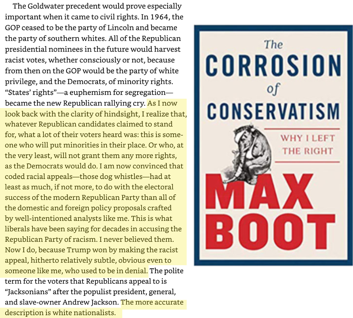 7/ Thus libertarians (who were opposed to any federal intervention) the KKK, and white evangelicals found themselves with a common goal: Dismantle the federal government.The GOP devised the “Southern Strategy” to expand its base. @MaxBoot sums up what happened next here: