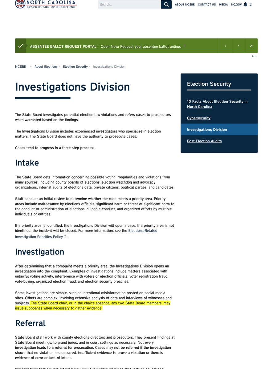 Which goes directly to my point from last nightyou can read the NCSBE FAQIf you understand how subpoenas are used, you’d know you subpoena people/Orgs around the target then the targetBasic https://www.ncsbe.gov/about-elections/election-security/investigations-divisionYou can read the specific NC statutes https://twitter.com/File411/status/1302800919654957061?s=20