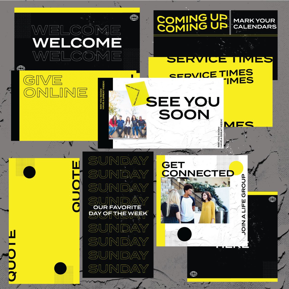 ThunderFishMedi's tweet photo. Black and Yellow Pack. $10.00 for 9 custom graphics and blanks of each graphics makes for easy way to add your content. Get this for church, ministry or business. Order at info@thunderfishmedia.com 
https://t.co/WRq9WKhBUH https://t.co/xn8ZIOF1C5