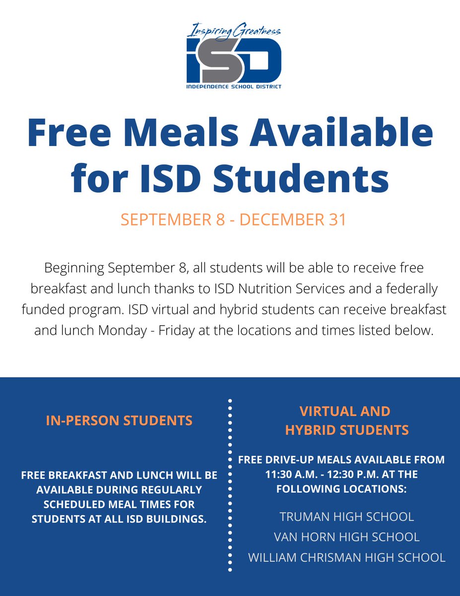 ISDSchools's tweet photo. Beginning September 8, all students will be able to receive free breakfast and lunch thanks to ISD Nutrition Services and a federally funded program. Please see the attached flyer for more information, including drive-up locations and times for virtual learners.  #isdstrong https://t.co/5QKBo9kcLf