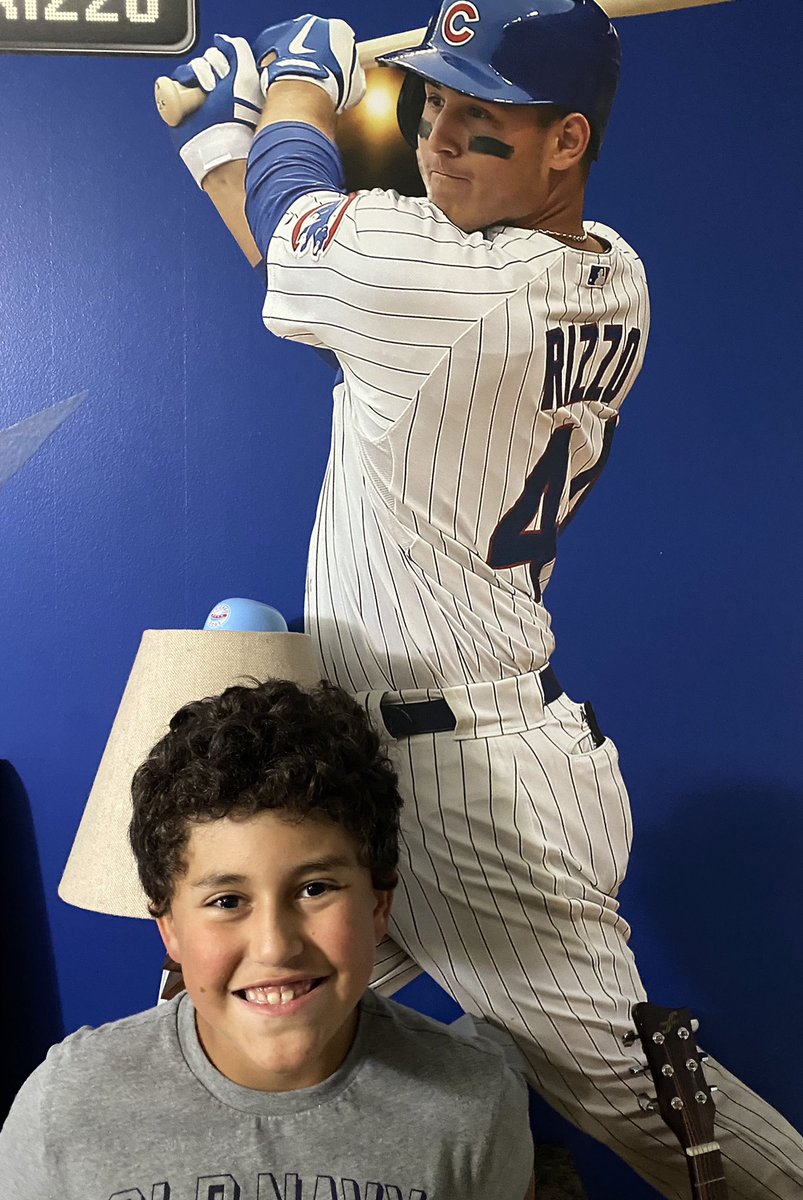 VEupierre's tweet photo. @ARizzo44  My son, Danny is refusing to cut his hair until he sees that you’ve cut yours. His curls are sticking out of his baseball cap &amp; he says that’s the point mom, just like Rizzo.  Please tell him to cut his hair, before his 10th birthday on 9/29.  Maybe he’ll listen to you https://t.co/eo5tXHzNR7