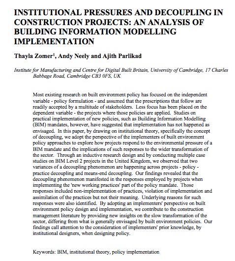 How do projects respond to institutional pressures? Check out our <a href="/arcom_uk/">ARCOM UK</a> paper on projects responses and the decoupling phenomenon in the #construction sector  #ARCOM2020 #BIM researchgate.net/publication/34…