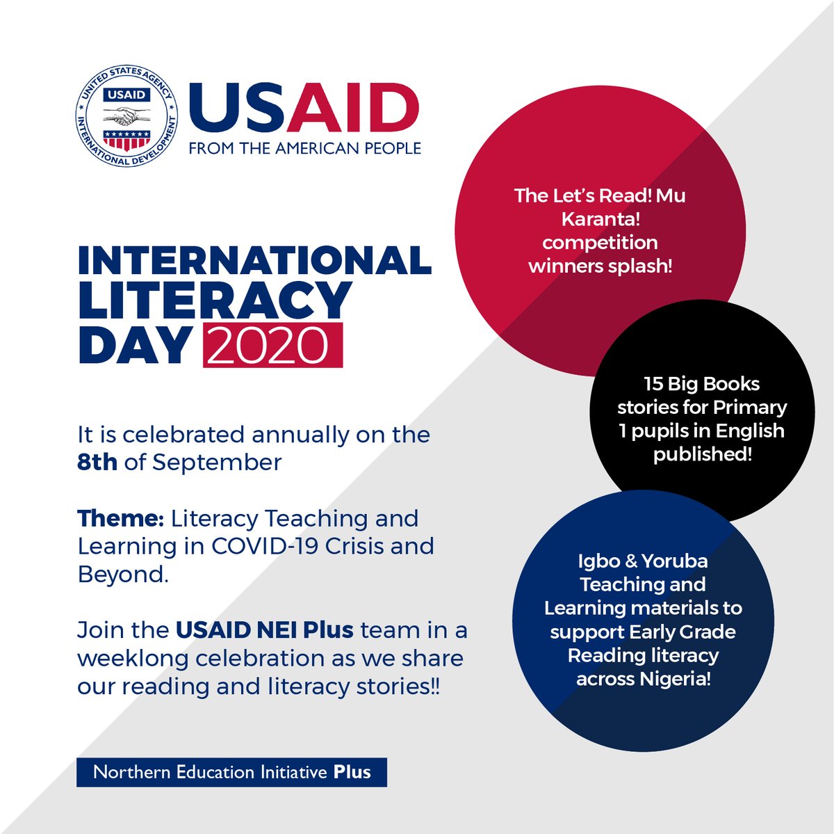 USAIDNEIPlus's tweet photo. #InternationalLiteracyDay Join the USAID NEI Plus team in a week-long celebration as we share our reading and literacy stories!! #LetsRead #Mukaranta #IgboAndYorubaTeachingandLearningMaterials #ReadingCompetition #COVID19LearningIntervention https://t.co/6830sdq1Ke