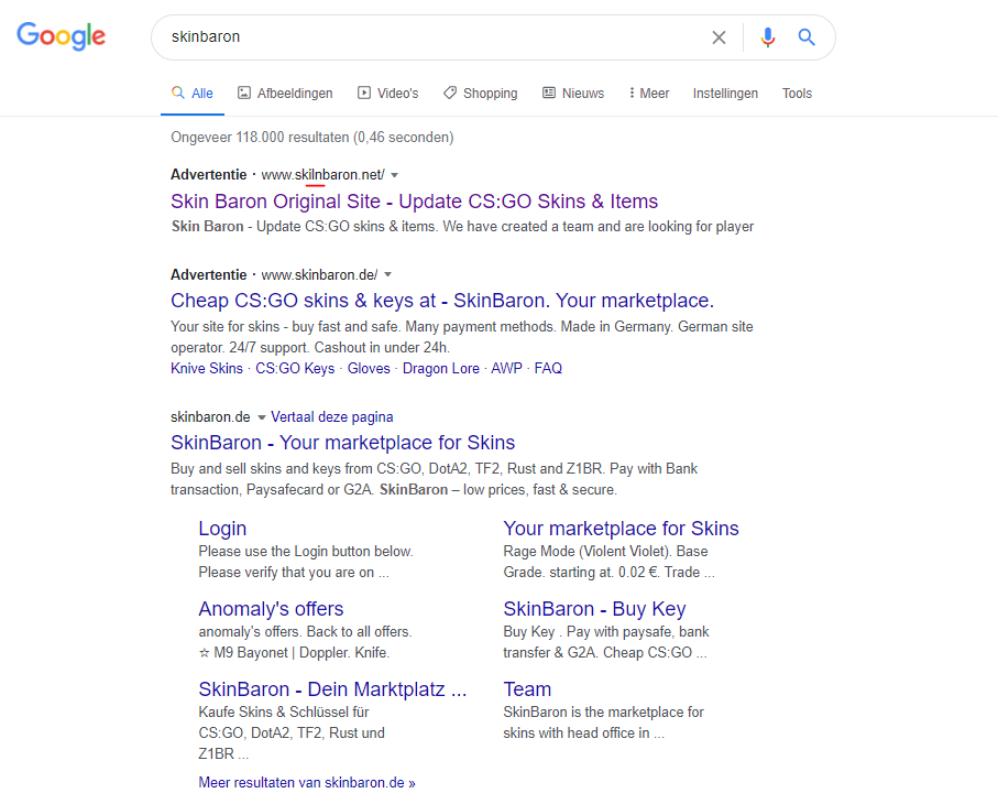 SanderKinne's tweet photo. @SkinBaronDE Hello mr. Skinbaron please contact Google, when I googled Skinbaron the first link that came up is an advertised scam site impersonating your website https://t.co/NJmLBmhoQB