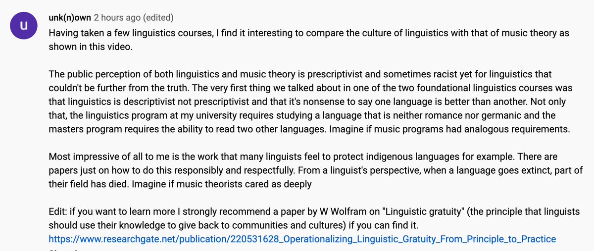 its_adamneely's tweet photo. "From a linguist's perspective, when a language goes extinct, part of their field has died. Imagine if music theorists cared as deeply."

This youtube comment hit hard. Damn. https://t.co/JUgwWoPX1e