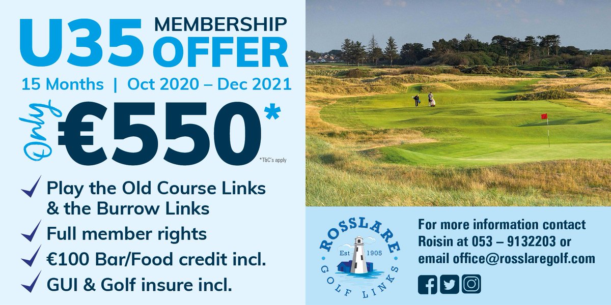 JOIN NOW!  UNDER 35 SPECIAL MEMBERSHIP OFFER, 15 months for €550, incl. €100 Bar Credit. Flexible payment options available.

rosslaregolf.com/visitors-guide…

#rosslaregolflinks #golf #wexfordgolf #golfinwexford #linksgolf #newhobbies #takingupgolf #getintogolf #sportsactive