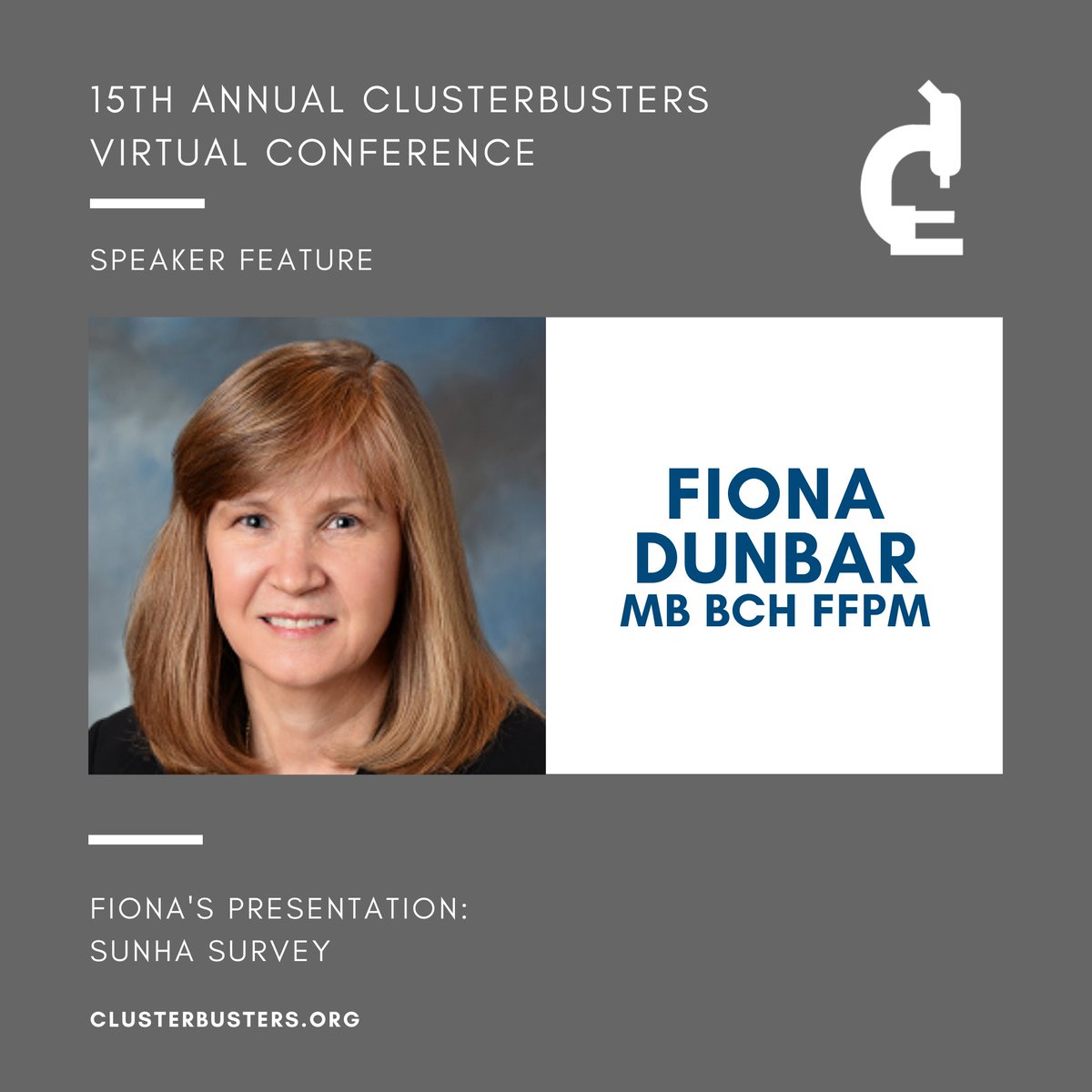 Cluster_buster's tweet photo. 2020 Clusterbusters Conference: Starts tomorrow! Speakers include Fiona Dunbar, MB BCh., FFPM., presenting on the SUNHA Survey. Register for the virtual event: https://t.co/LMYf5U0mCR #cluster #clusterheadache #clusterattack #clusterhead #chronicpain #virtualevent https://t.co/auyRWNDY2X