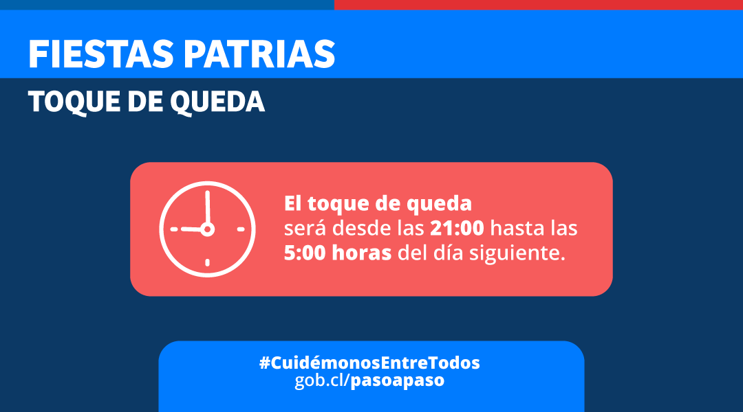 GobiernodeChile's tweet photo. 🔴 INFORMACIÓN IMPORTANTE:

El permiso especial de 6 horas para Fiestas Patrias, no aplicará para las comunas en Cuarentena. En Transición, se podrá obtener UN SOLO PERMISO durante los 3 días para reuniones familiares dentro y fuera de la comuna.

Más 👉 https://t.co/Ovn2CfAVnK https://t.co/3hLSjDVpEd