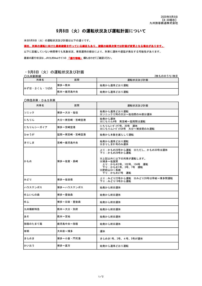 Jr九州 列車運行情報 福岡 北九州エリア 公式 9月8日 火 の運転計画について 年9月8日 4 30現在 Jr九州 列車運行情報 福岡 北九州エリア 公式 9月8日 火 の運転計画について 年9月8日 4 30現在