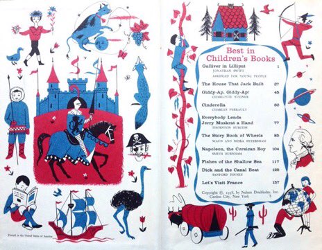 Aimeehj's tweet image. Great magenta and blue #midcentury #endpapers with #tableofcontents. Uncredited. #kidlitart #design #illustration #1950s #vintage