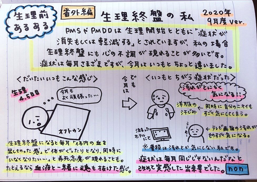中安紀子 Non 生理前あるある 番外編 私は生理前だけでなく生理終盤の4 5日目辺りにも心身の不調が現れることが多いです 幸い今月は生理終盤の気分の落ち込みが少なかったものの 小さいゴミとかちょっとした汚れがすごく気になってしまいました