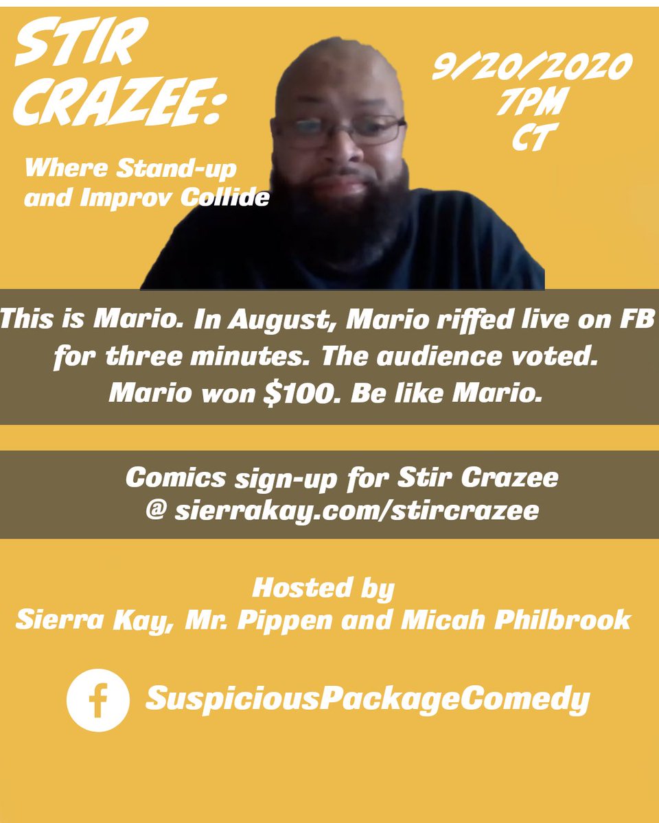micahphilbrook's tweet photo. Calling comics &amp; improvisors! Stir Crazee is accepting applications for the Sept 20 7pm CST live stream show. You could win $100USD!
Info &amp; Apply: https://t.co/wbPIIUFlSq. https://t.co/TYhTaoSFEz