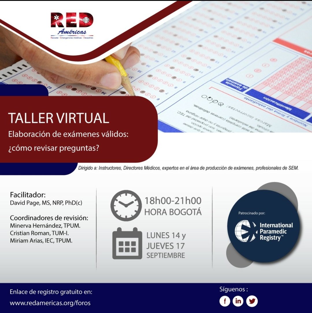 TALLER | forma parte de nuestro taller dirigido a Instructores, Directores Médicos, expertos en el área de producción de exámenes, profesionales de SEM.

Con el auspicio de: <a href="/IPRcert/">IPRcert</a>

Registro gratuito en: redamericas.org/foros

#REDtalleres #REDaméricas