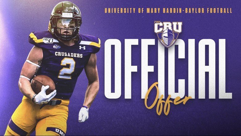 noahsmith_21's tweet photo. After a great visit with @Coach_Thrash I am blessed to receive an offer from University of Mary Hardin-Baylor!💜💛 https://t.co/MoxBBOa8jz