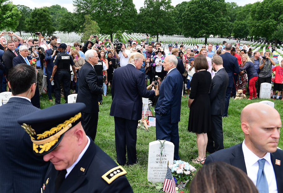 PeteDominick's tweet photo. Kait is very upset about this photo op and doesn't think Trump has any business standing on her husbands grave. She called me to talk about it and I will share it on tomorrows @StandUpWithPete. Connect w Kait on Twitter @awidowsjourney https://t.co/HSIqb6wzvX
