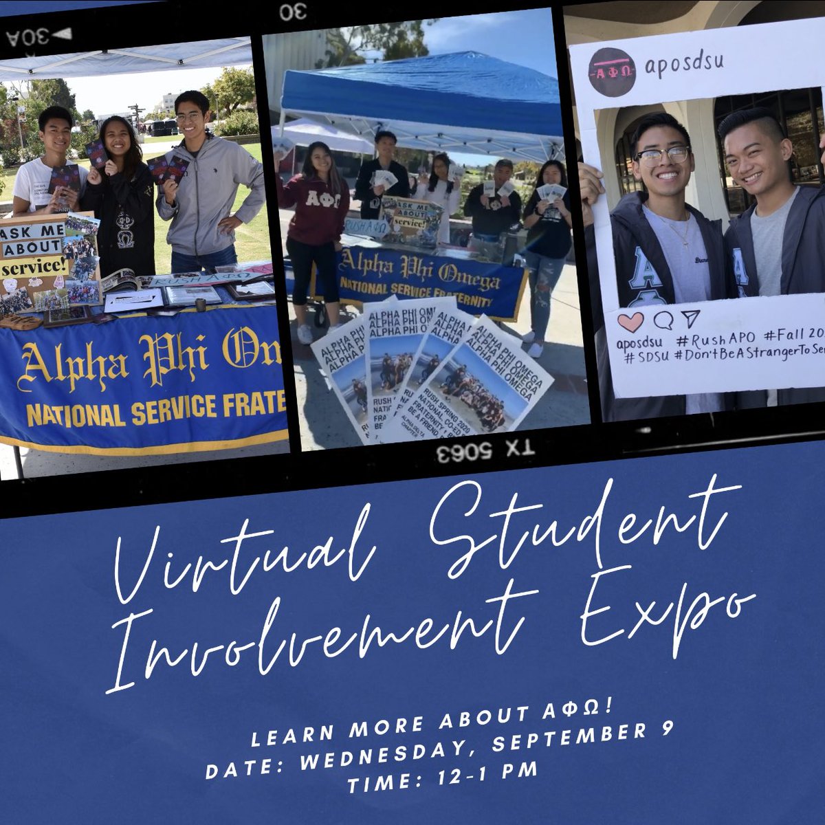 APOSDSU's tweet photo. Interested in joining Alpha Phi Omega next semester? Get to know us more at the Fall 2020 Virtual Student Involvement Expo during our live Zoom Q&amp;A session! The Zoom link will be posted on our social media and on our SDSU Presence page the day of. We hope to see you there! 💛 https://t.co/3gq4R8WiHC