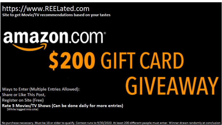 reelated1's tweet photo. https://t.co/8CRIX9CCRT is giving away a $200 amazon gift card. RETWEET AND LIKE TO ENTER! Multiple entries allowed. Can enter daily with 5 Movie/TV Show ratings while logged in. https://t.co/eTWZNIL8W3