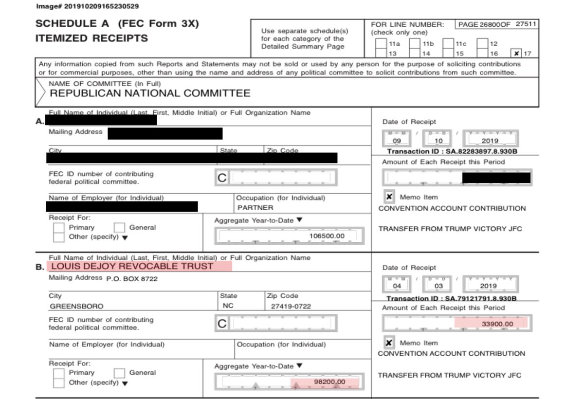 FEC filings are public recordsNotwithstanding I refuse to be viewed as doxingLOUIS DEJOY REVOCABLE TRUST1/15/20 $8,9001/15/20 $58,9004/03/19 $33,9004/03/19 $64,3002/08/18 $33,9006/06/17 $2,7006/06/17 $2,700Link to FEC DeJoy Trust donations https://www.fec.gov/data/receipts/individual-contributions/?contributor_name=Louis%20DeJoy%20Revocable%20Trust