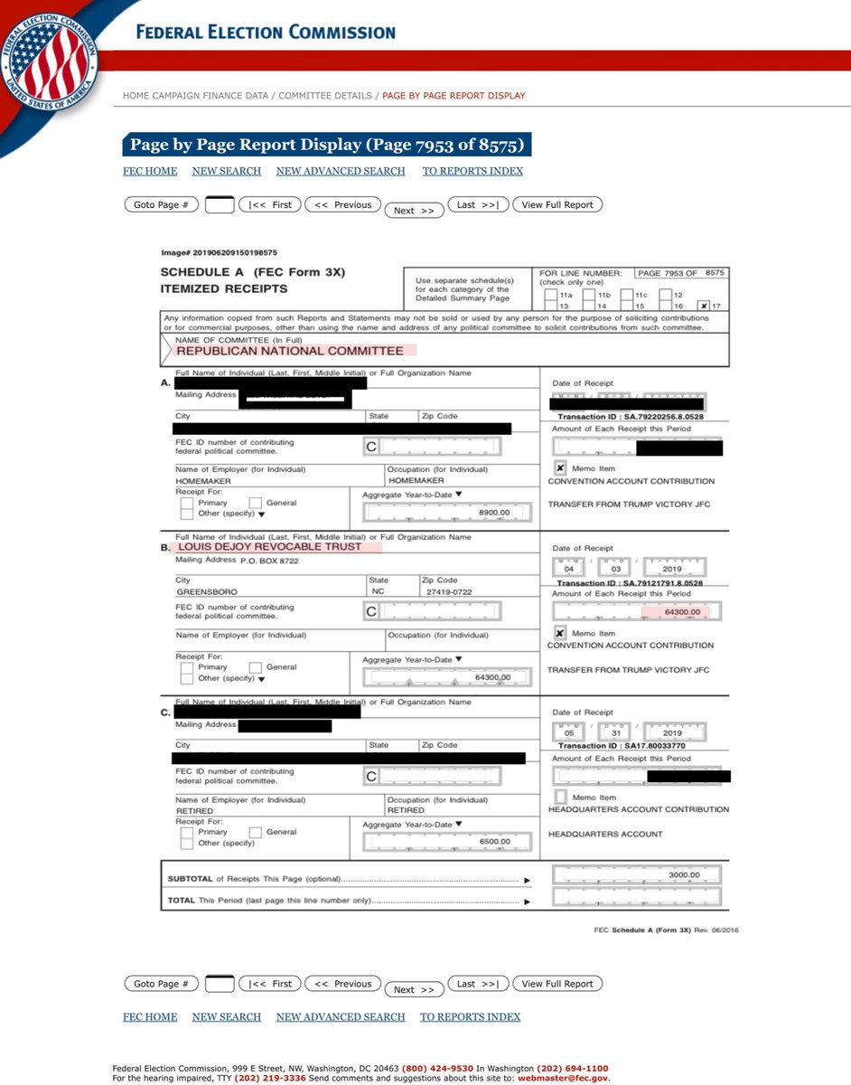 FEC filings are public recordsNotwithstanding I refuse to be viewed as doxingLOUIS DEJOY REVOCABLE TRUST1/15/20 $8,9001/15/20 $58,9004/03/19 $33,9004/03/19 $64,3002/08/18 $33,9006/06/17 $2,7006/06/17 $2,700Link to FEC DeJoy Trust donations https://www.fec.gov/data/receipts/individual-contributions/?contributor_name=Louis%20DeJoy%20Revocable%20Trust