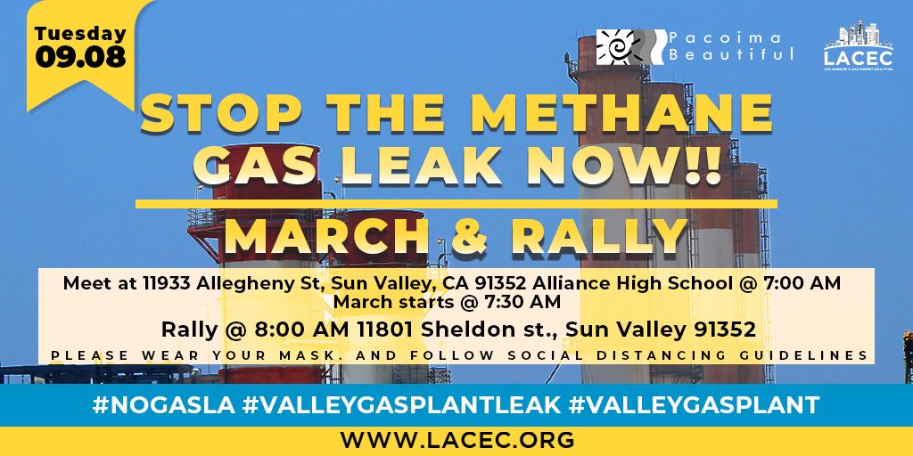 LACleanEnergy's tweet photo. We will march and rally in front of the Valley Gas Plant to demand a 100% solution to the Methane Leak that LADWP has kept silent about for years. #ValleyGasLeak #NoGasLA #ValleyGasPlant https://t.co/gMFnf4RUgw