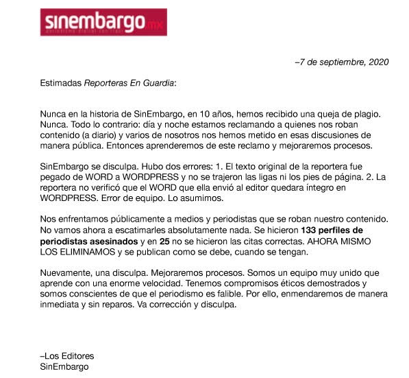 repoenguardia's tweet photo. La respuesta de @SinEmbargoMX nos queda a deber. Se enaltecen para luego reconocer que plagiaron, por eso retiran los textos. Sí, lo hicimos, pero es que no vimos. Un doble discurso. Y una disculpa soterrada. Abrimos hilo: https://t.co/gUIjSTfxhr