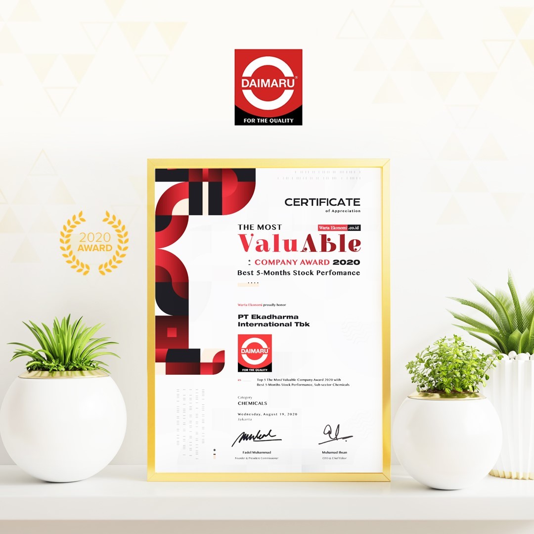 DaimaruOfficial's tweet photo. Di tengah Pandemi COVID-19 ini, Daimaru mendapatkan penghargaan yaitu Top 5 The Most Valueable Company Award 2020 with Best 5-Months Stock Performance. https://t.co/Eo8hm6RIAY