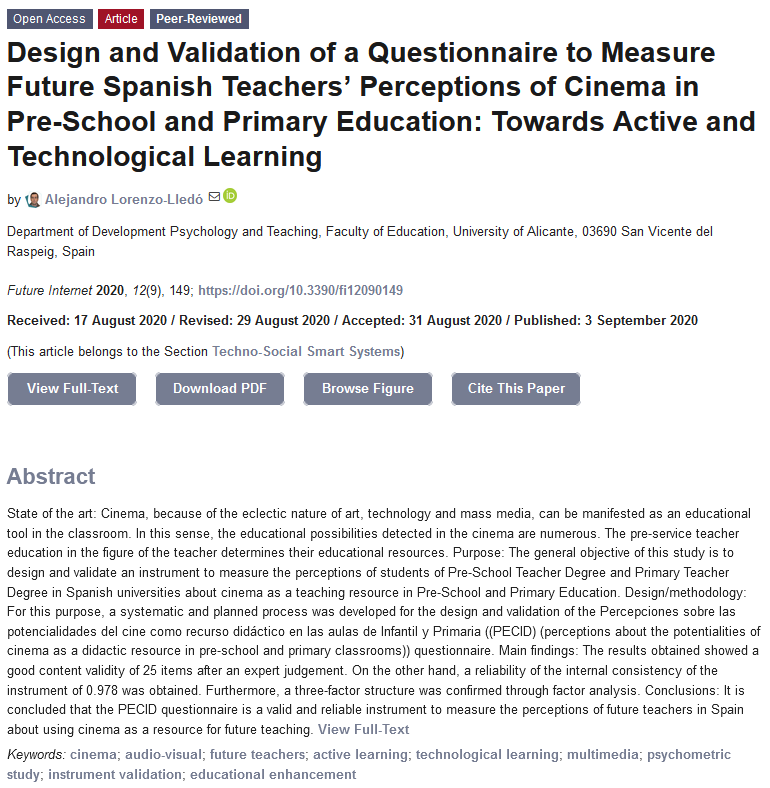 FutureInternet6's tweet image. A new paper published by Alejandro Lorenzo-Lledó et al. from Spain.

Design and Validation of a Questionnaire to Measure Future Spanish Teachers’ Perceptions of Cinema in Pre-School and Primary Education: Towards Active and #TechnologicalLearning 

mdpi.com/1999-5903/12/9…