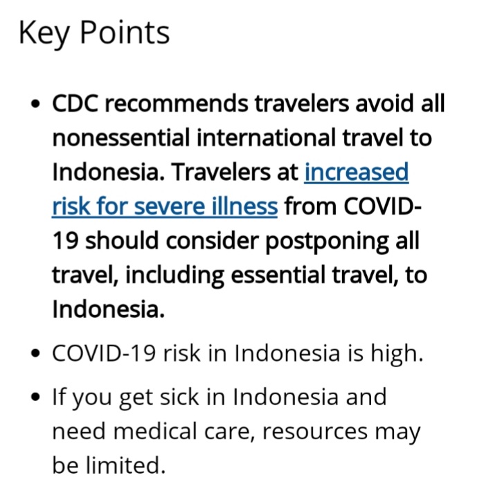 Selain 59 Negara menutup pintu bagi masuknya WNI, CDC mengeluarkan peringatan level 3, level tertinggi, agar pelancong menghindari perjalanan ke Indonesia.

Alasannya: risiko #COVID19 yg tinggi & layanan medis yg terbatas.