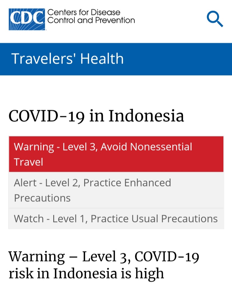 berlianidris's tweet photo. Selain 59 Negara menutup pintu bagi masuknya WNI, CDC mengeluarkan peringatan level 3, level tertinggi, agar pelancong menghindari perjalanan ke Indonesia.

Alasannya: risiko #COVID19 yg tinggi &amp; layanan medis yg terbatas. https://t.co/dDzVkT9v8l