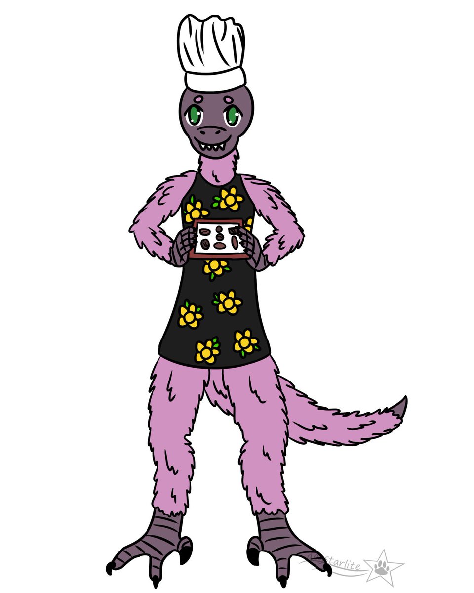 dogstarlite's tweet photo. I designed a fluffy raptor for an art game. She's a young chocolatier! #FurryArt #QueerArtists #ChocolateIsGood https://t.co/8rQycYSxHN