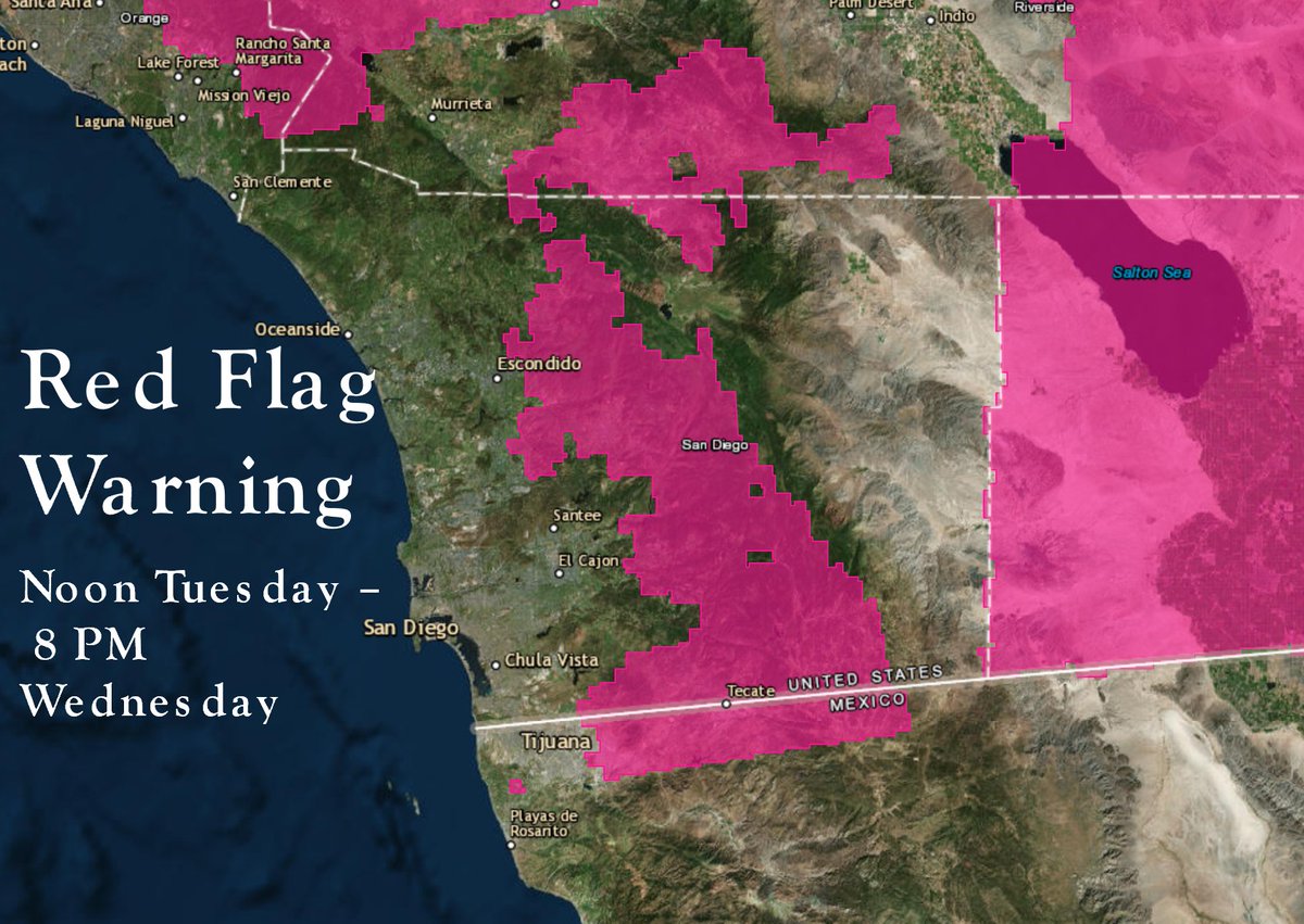 NWSSanDiego's tweet photo. 🚩Red Flag Warning now in Effect🚩

Gusty winds will start up Tuesday into Wednesday. Are you prepared? 🤔Please follow these safety tips below for more info. #AllInThisTogether #cawx #StaySafe https://t.co/RLrPjPkaZi