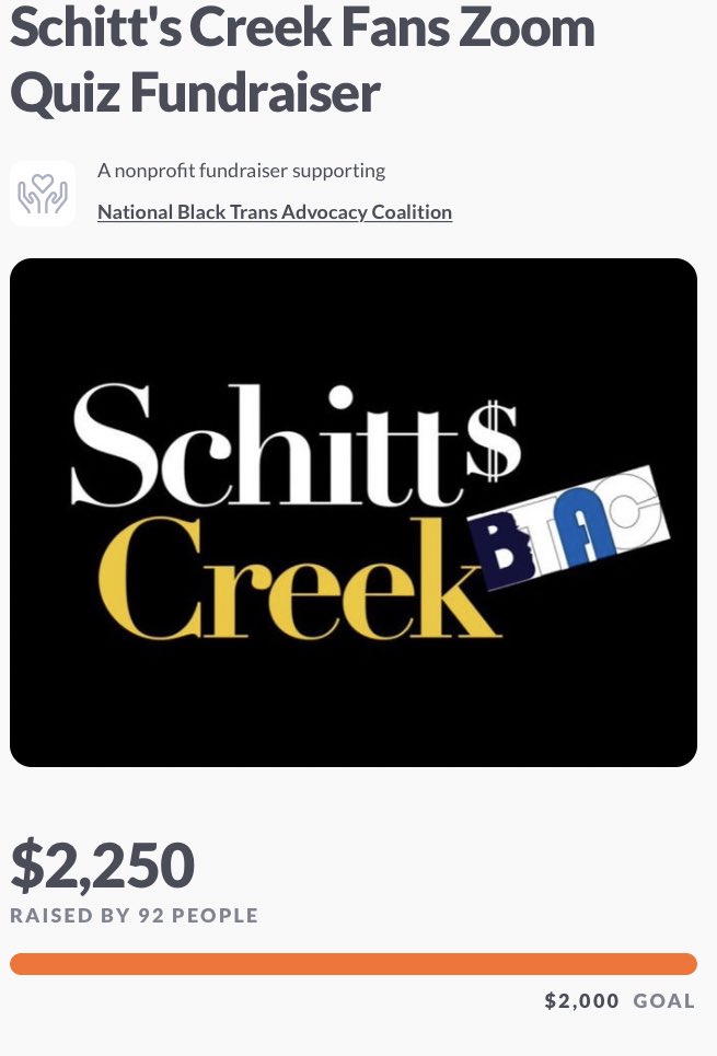 clrmontreyqs's tweet photo. still overwhelmed that 60+ schitt’s creek fans got together on zoom to do a trivia quiz and raised $2250 for the black trans advocacy coalition!! the sc fandom really are the kindest &amp; most generous fandom to exist.🥺

@danjlevy you really have brought the best people together 💕 https://t.co/OQZpLkEoxn