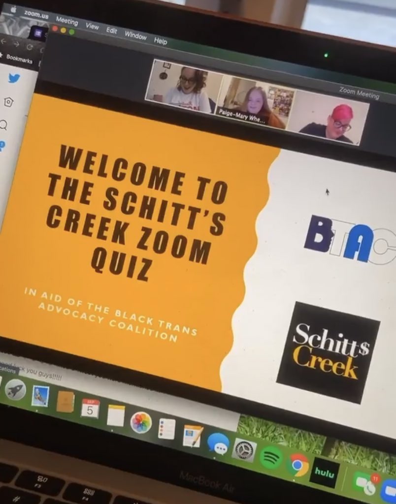 clrmontreyqs's tweet photo. still overwhelmed that 60+ schitt’s creek fans got together on zoom to do a trivia quiz and raised $2250 for the black trans advocacy coalition!! the sc fandom really are the kindest &amp; most generous fandom to exist.🥺

@danjlevy you really have brought the best people together 💕 https://t.co/OQZpLkEoxn