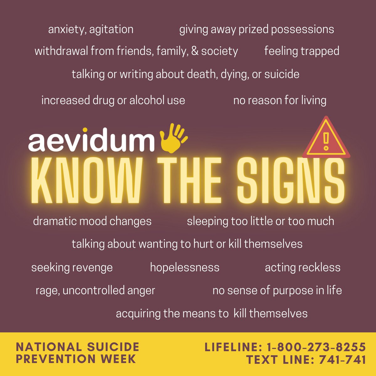aevidum's tweet photo. Review the signs. They are not always expressed outwardly or directly. If you are worried about someone, please reach out to the Lifeline  at 1-800-273-8255 or the Crisis Text Line at 741-741.

#knowthesigns #spw #nspw #nspw20 #suicideprevention #preventsuicide #mentalhealth https://t.co/xX7Uql3d2q