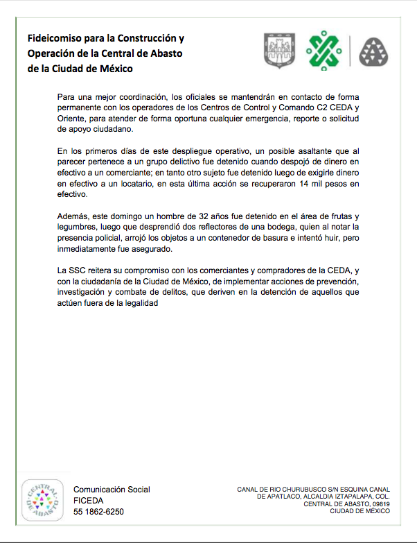 CdeAbastoCDMX's tweet photo. #Boletín conjunto (SSC y CEDA) sobre labores de seguridad en la Central de Abasto 🔻 https://t.co/dPCIySvf2Y
